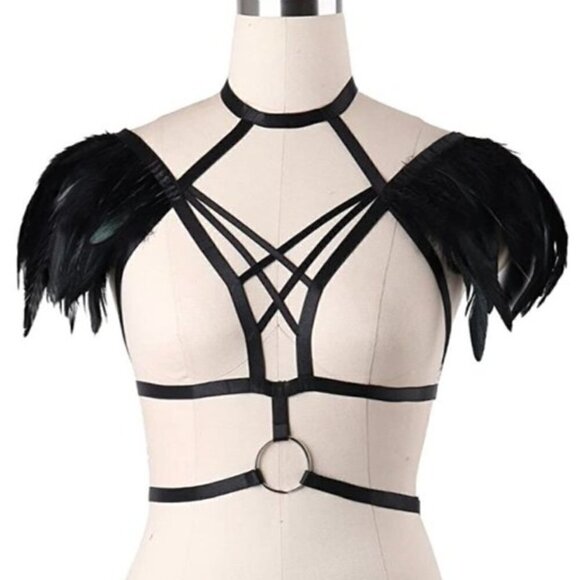 BLACK Layered Chest Feathers Body Harness Bra Gothic Rave Party Nightclub NWT - Picture 3 of 5
